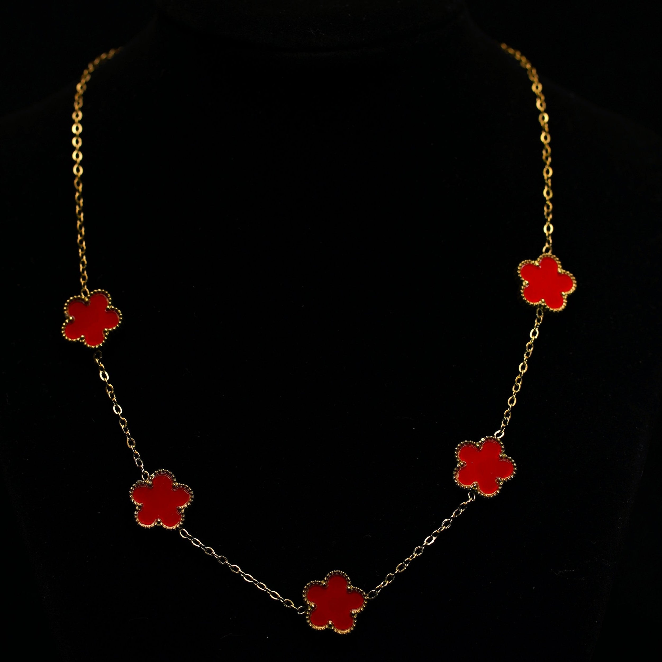 Femklöver halsband röd 18k guldpläterat